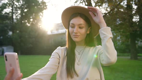 Lovely Joyful Smiling Woman in Stylish Hat Which Making Beautiful Selfie alt