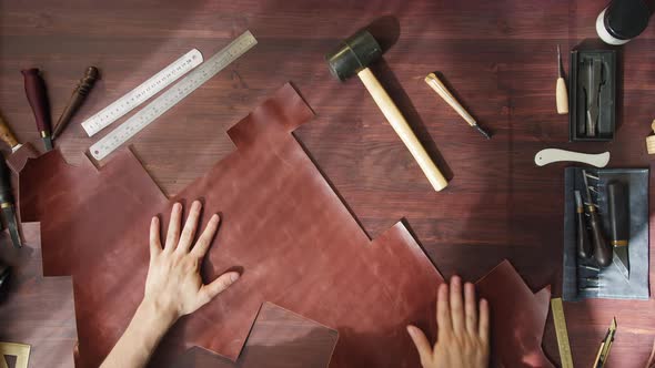 Putting Brown Leather Drawing Line with Pencil and Ruler Preparing Materials and Tools for Working alt