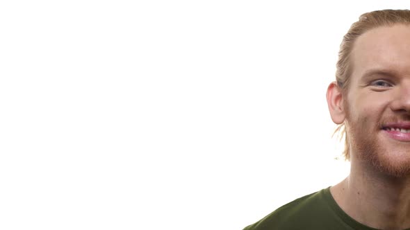 Slowmo Halfside Portrait Attractive Charming Happy Young Redhead Guy Unshaved Start Smiling Looking alt