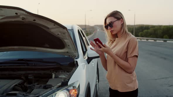 A Young Girl Calls for Help Through an App on Her Phone While Standing on the Side of the Road  alt