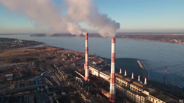 Industrial factory pollution atmosphere, smokestack exhaust smoke alt