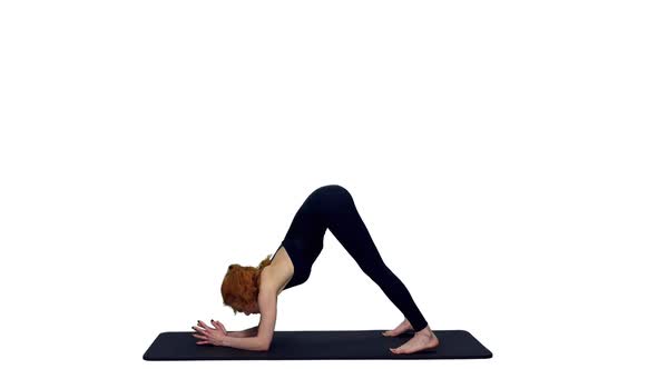 Young Slim Sporty Woman In Black Bodysuit Practicing Yoga On Mat, Alpha Channel