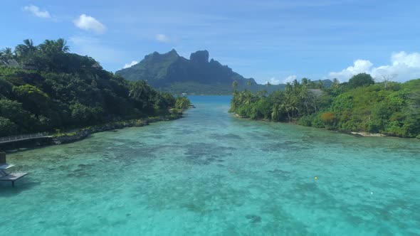 A woman swimming in a tropical green lagoon in Bora Bora tropical island alt