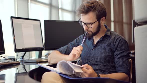 Lawyer Analyzing Document. Businessman Lawyer Working In Office On Workplace. Financial Audit alt