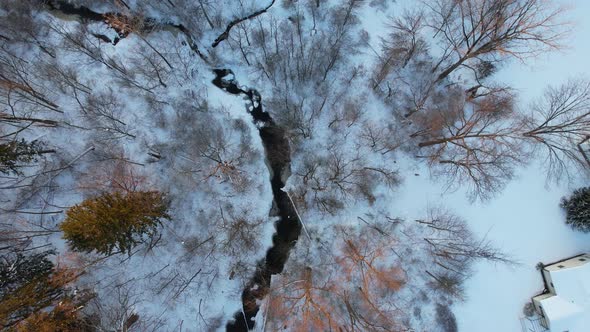 Top view, Winter landscape of the river with a forest among snow in countryside alt