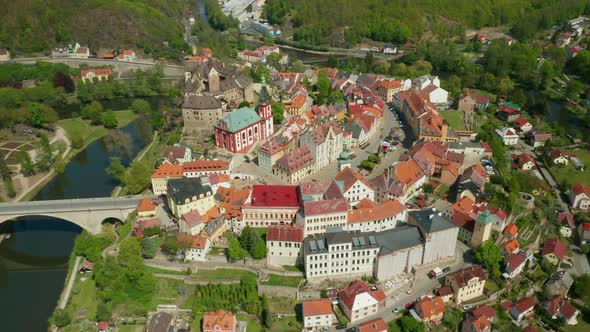Aerial View of Loket Castle, Surrounded By River Ohri, Czech Republic alt
