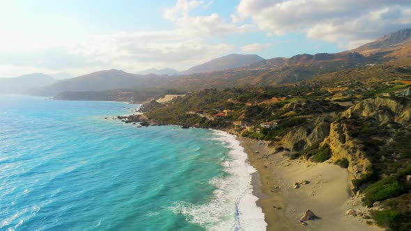 Scenic Aerial View of Natural Landscape of Ligres Beach at Sea in Crete Greece