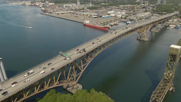 Vancouver, British Columbia, Canada. Aerial view of Industrial Sites and Second Narrows Bridge. Sunn alt