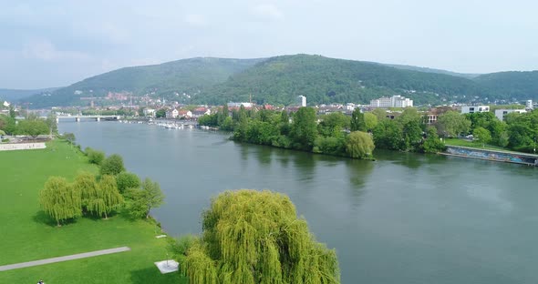 Aerial Drone View of City Heidelberg with Neckar River Summer