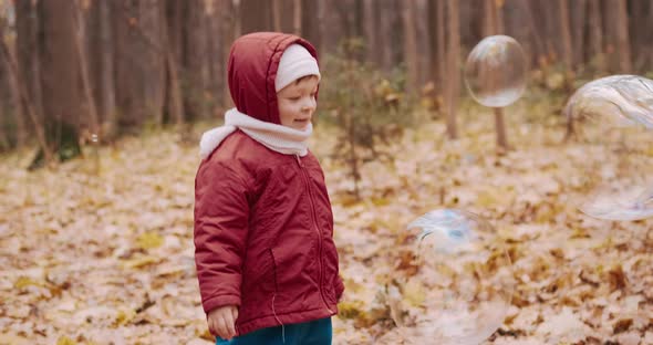 Little Cute Girl Bursts Soap Bubbles in an Autumn Park