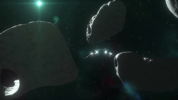 Futuristic Spaceship Flying Through an Asteroid Field