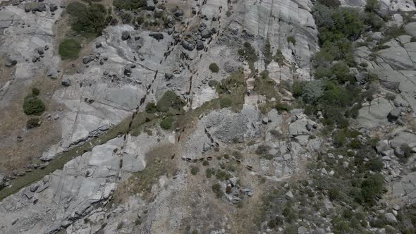 Drone follows a herd of goats over the rocky surface at Lagoa Comprida. alt