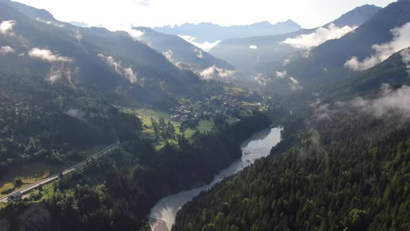 Beautiful landscape of a village in a valley, Dolomites mountains, Italy alt