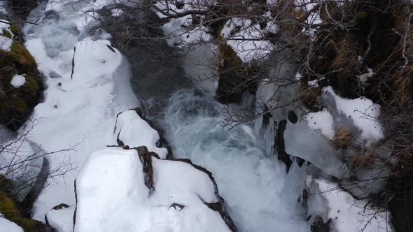 Rushing Water Stream In Snow Covered Valley In Winter 1