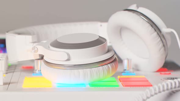 White DJ set with headphones in a sterile, moody, bright studio light. 4KHD alt