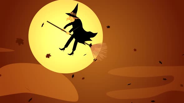 Mysterious halloween witch in hat and black clothes is flying on the broomstick alt