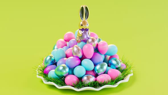 Cute chocolate bunny sitting on top of the pile of delicious glittering eggs. alt