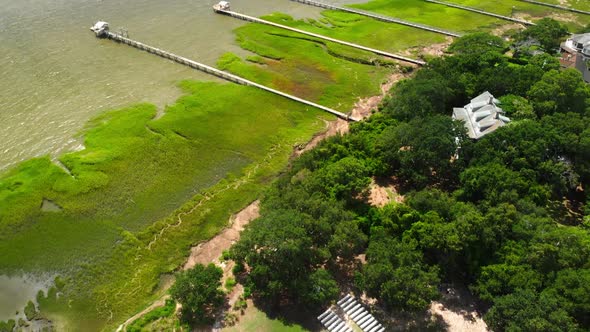 Aerial drone footage of southeastern coastal suburban town Mt Pleasant, South Carolina. alt