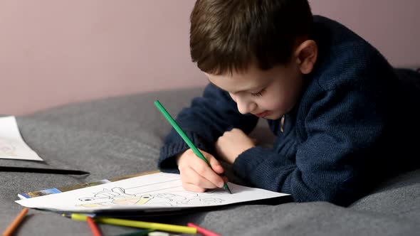 Schoolboy draws with colored pencils on sofa at home.