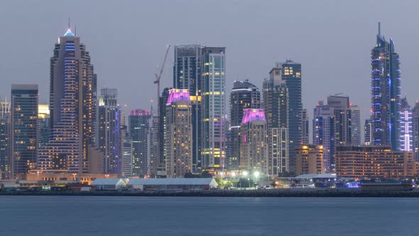 Dubai Marina Skyline Day to Night Timelapse As Seen From Palm Jumeirah in Dubai UAE alt