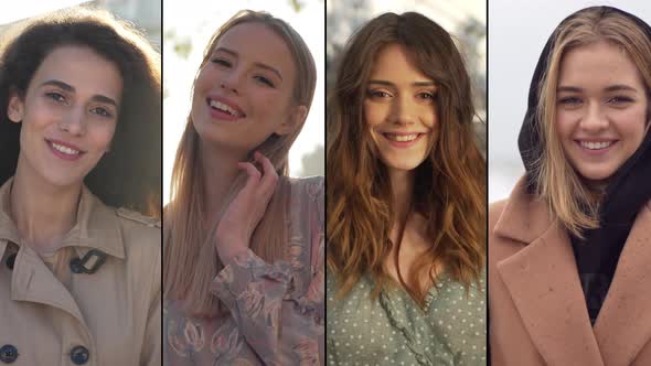 Collage of Gorgeous Caucasian Women Young Girls Standing Outdoors at Different Seasons Concept of