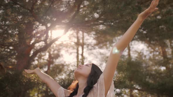 Happy Woman in Forest Enjoying Nature Cute Young Girl Walking Outdoors alt