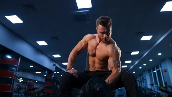 Handsome power athletic man bodybuilder doing exercises with dumbbells. alt