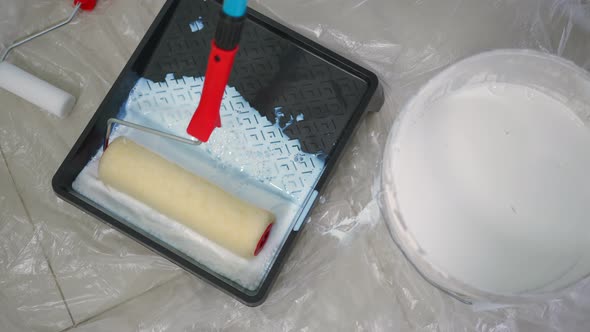 High Angle View Dipping Paint Roller in White Paint Indoors alt