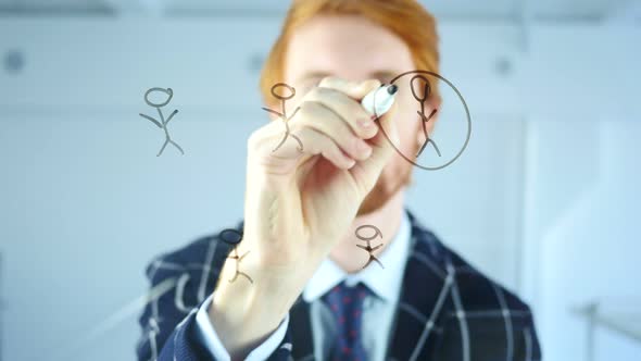 Creative Man Drawing People Network Concept on Transparent Glass in Office, Red Hairs alt