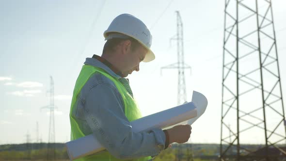 Architect Worker Checking Construction Project On Electric Tower alt