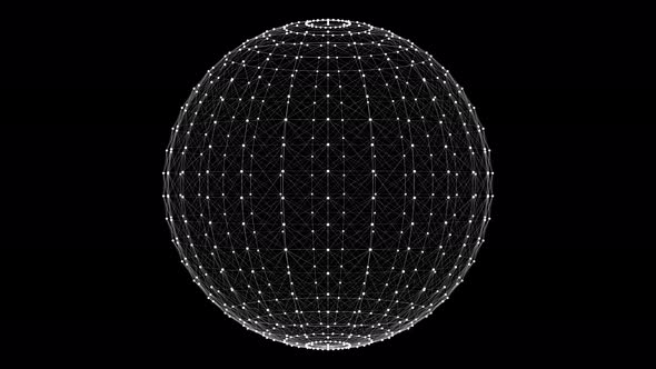 4k animated 3d wireframe sphere rotating on its axis on a black background.3d rendering