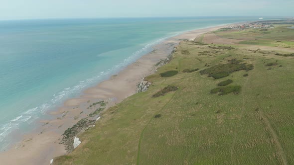 Wide Establishing Shot of Beautiful Cliff Shoreline in France, Cap Blanc-Nez, Aerial Forward alt