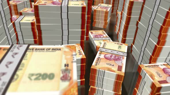 3d flight over the Indian rupee money banknote packs loop animation alt