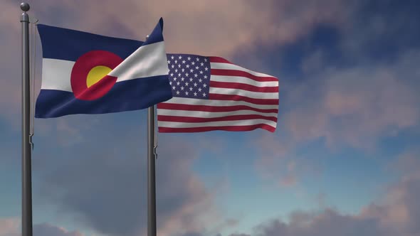 Colorado State Flag Waving Along With The National Flag Of The USA  - 2K alt