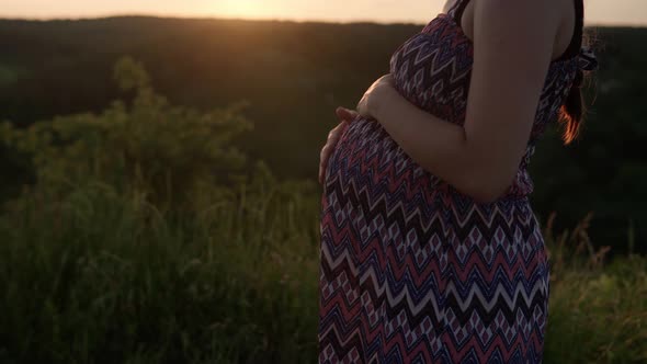 Happy Pregnant Woman Touching Her Tummy on Top of Mountain in Tall Grass Before Sunset alt