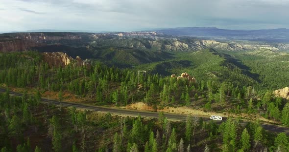 Drone is moving away from the green pine forest on the cliff of the canyon (Zion National Park) alt