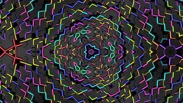 Abstract Looped Background with Symmetrical Structures Like Kaleidoscope with Lighting Bulbs alt