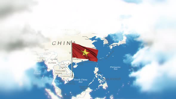 Vietnam Map And Flag With Clouds