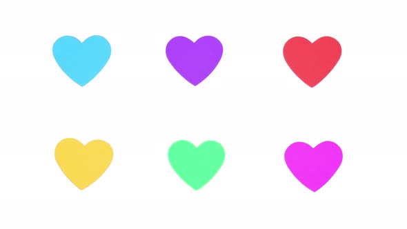 Stop Motion colorful hearts changing color on white background.