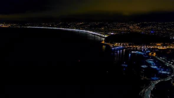 Aerial View of Night Nice France Promenade, Mediterranean Sea and Airport View. Night City Aerial alt