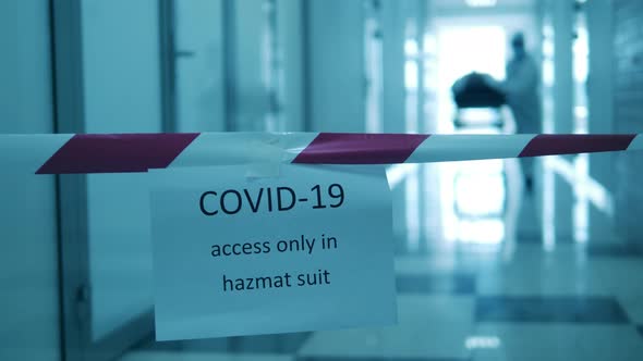 COVID-19 Patient in Coronavirus Hospital. Doctor Is Transporting a Patient Along Quarantined Hallway alt