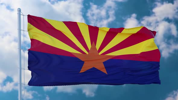 Flag of Arizona State Region of the United States Waving at Wind alt