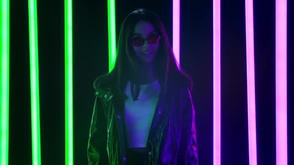 Portrait Pretty Young Beautiful Woman Looking Camera Over Sunglasses Shows OK Gesture alt