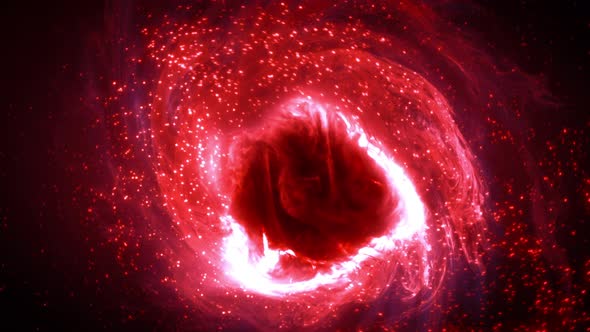 Abstract Red Glowing Particle Loop with Mysterious Fusion Plasma Nucleus and Swarm Vortex