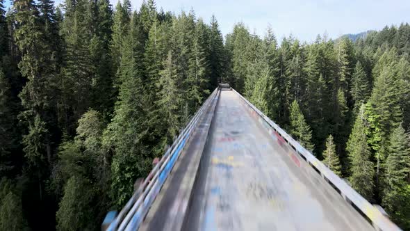 Speeding low over an abandoned steel truss bridge and rising, revealing the surrounding dense forest alt