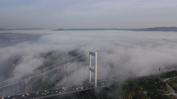aerial video of Fatih Sultan Mehmet Bridge on a foggy day in Istanbul, Turkey. 2rd Bosphorus 09 alt