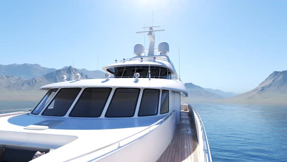 Tourist luxury yacht during vacation holidays at sea sailing. Bow camera 4K
