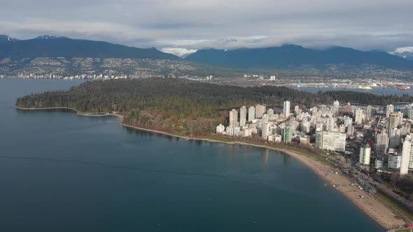 Various drone shots at English Bay near downtown Vancouver, BC during Polar Bear 2019 event alt