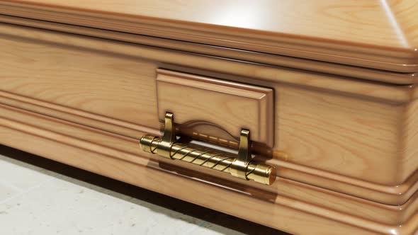 Animation of wood coffins on the stone floor before the funeral. Zooming out. alt