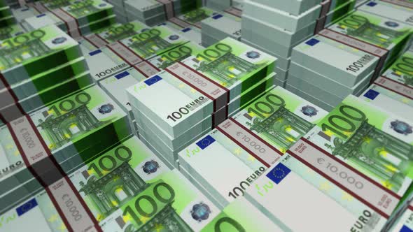 Euro 100 banknote packs - flying over EUR money stack